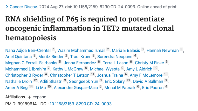 Mrinal Patnaik: ARNA shielding of P65 is required to potentiate oncogenic inflammation in TET2 mutated clonal hematopoiesis